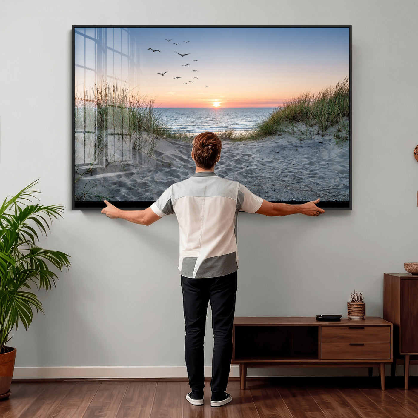 12172032-MGV-CV-36X24 - Sandy Dune Path Sunset Canvas Wall Art — Seagulls Beach Ocean Photography Print | Coastal Home Decor | Nautical Wall Art | Beach House Gift