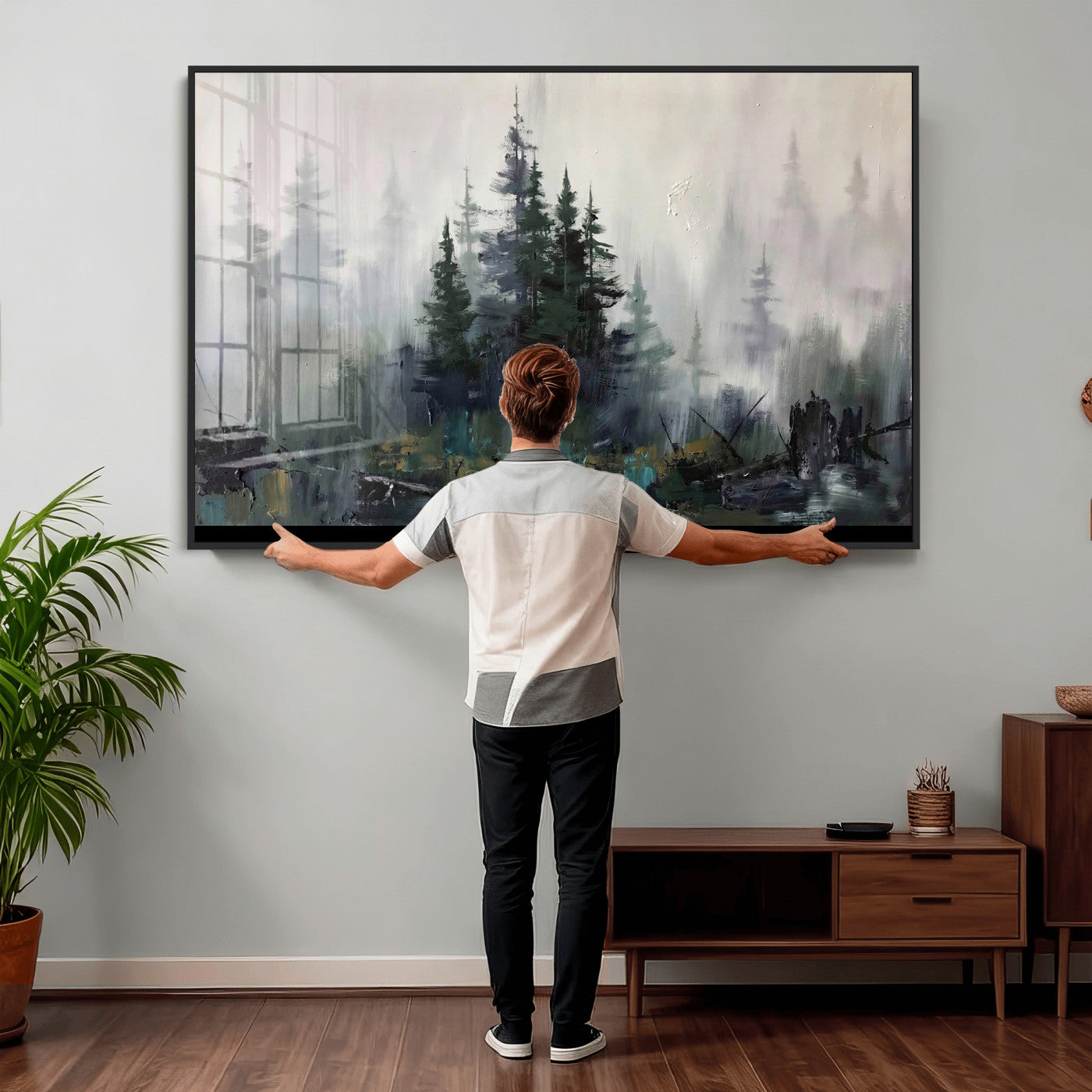 94143325-MGV-CV-36X24 - Misty Pine Forest Oil Painting Canvas — Dark Moody Teal Grey Tree Print | Japandi Scandinavian Wall Art | Minimalist Nature Decor Gift