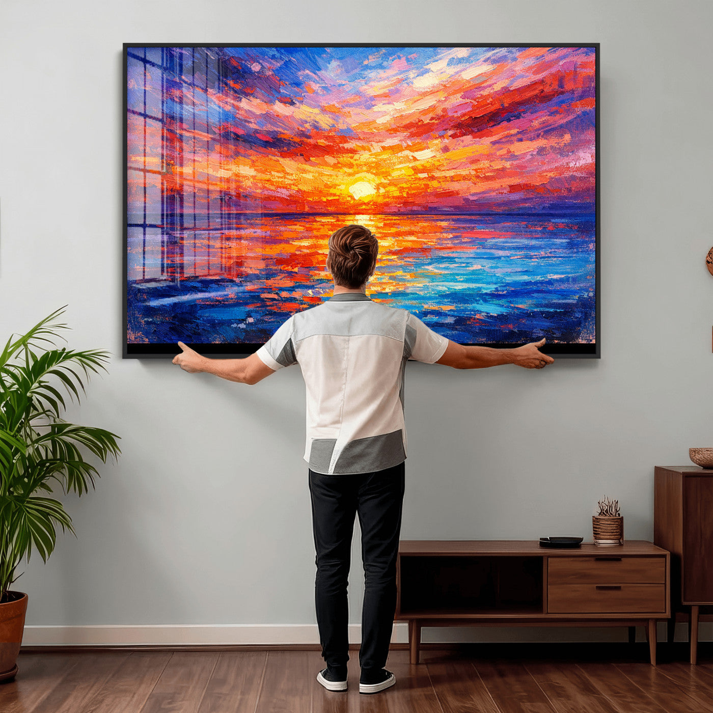 54915078-MGV-CV-36X24 - Colorful Knife Ocean Sunset Canvas — Orange Pink Teal Expressionist Sea Print | Colorful Coastal Wall Art | Vibrant Beach Decor Gift