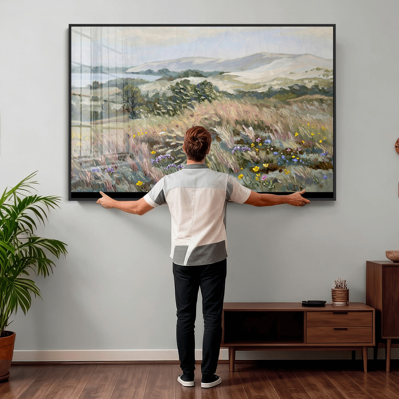 18013232-MGV-CV-36X24 - Katie Staples Hillside Canvas Wall Art — Coastal Wildflower Dune Oil Painting Print | Muted Green Nature Decor | Plein Air Landscape Gift