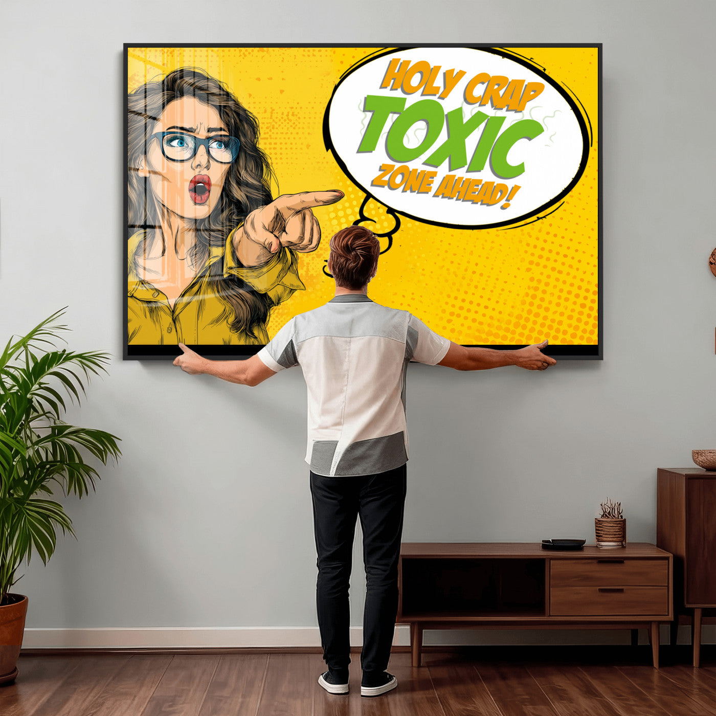 79156505-MGV-CV-36X24 - Pop Art Print Bathroom Sign Wall Art Canvas Print — Funny Bathroom Canvas | Comic Style Toilet Wall Decor | Humor Gift | Yellow Bold Bathroom Art