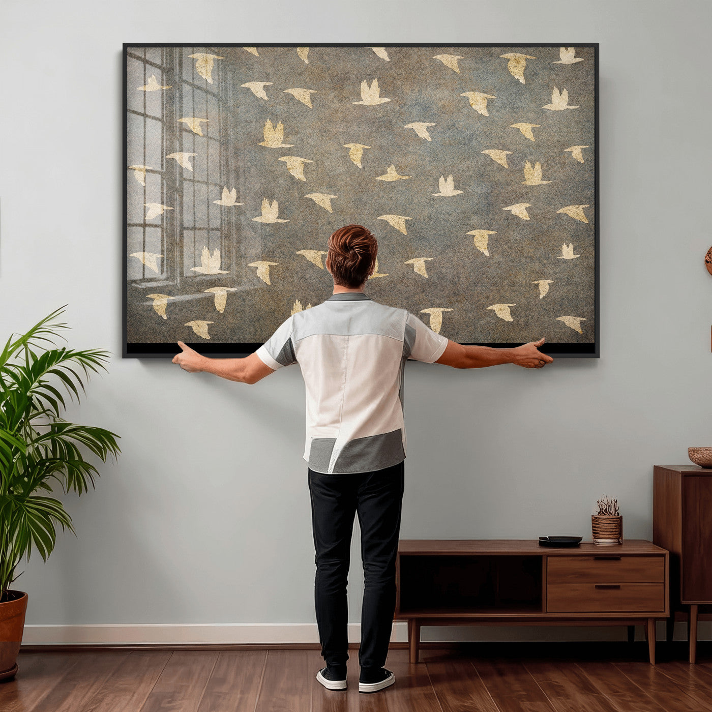 74076164-MGV-CV-36X24 - Flying Birds Canvas Wall Art, Vintage Bird Flock Pattern Print, Grey Gold Abstract Nature Decor, Rustic Bird Silhouette Art, Boho Living Room Decor