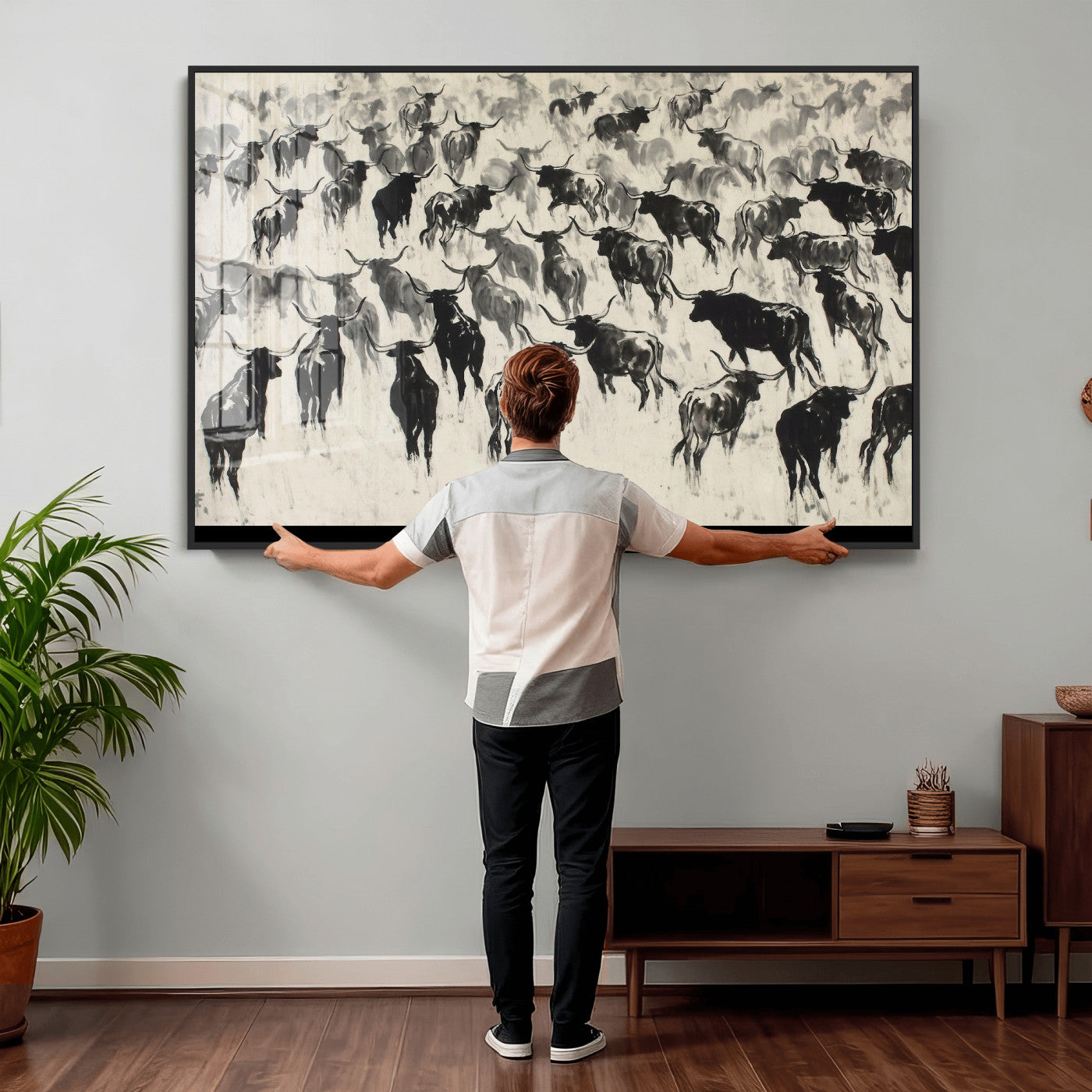 68669792-MGV-CV-36X24 - Longhorn Cattle Canvas Wall Art, Black White Stampede Ink Painting Print, Western Farmhouse Decor, Bull Herd Art, Large Living Room Wall Art, Ranch Home Decor