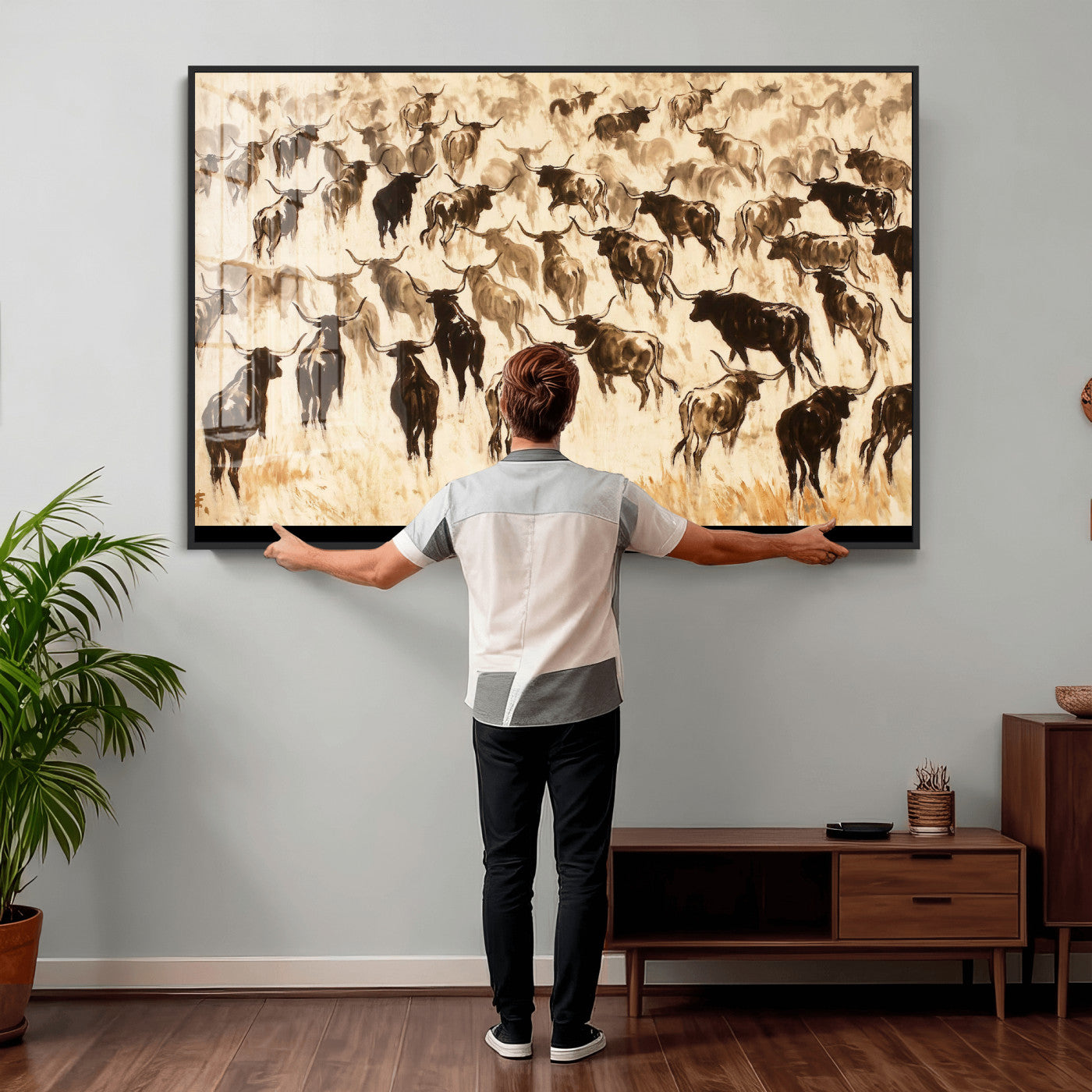 39077774-MGV-CV-36X24 - Texas Longhorn Sepia Canvas Wall Art, Western Cattle Stampede Painting Print, Warm Amber Ranch Decor, Rustic Cowboy Home Art, Large Living Room Decor