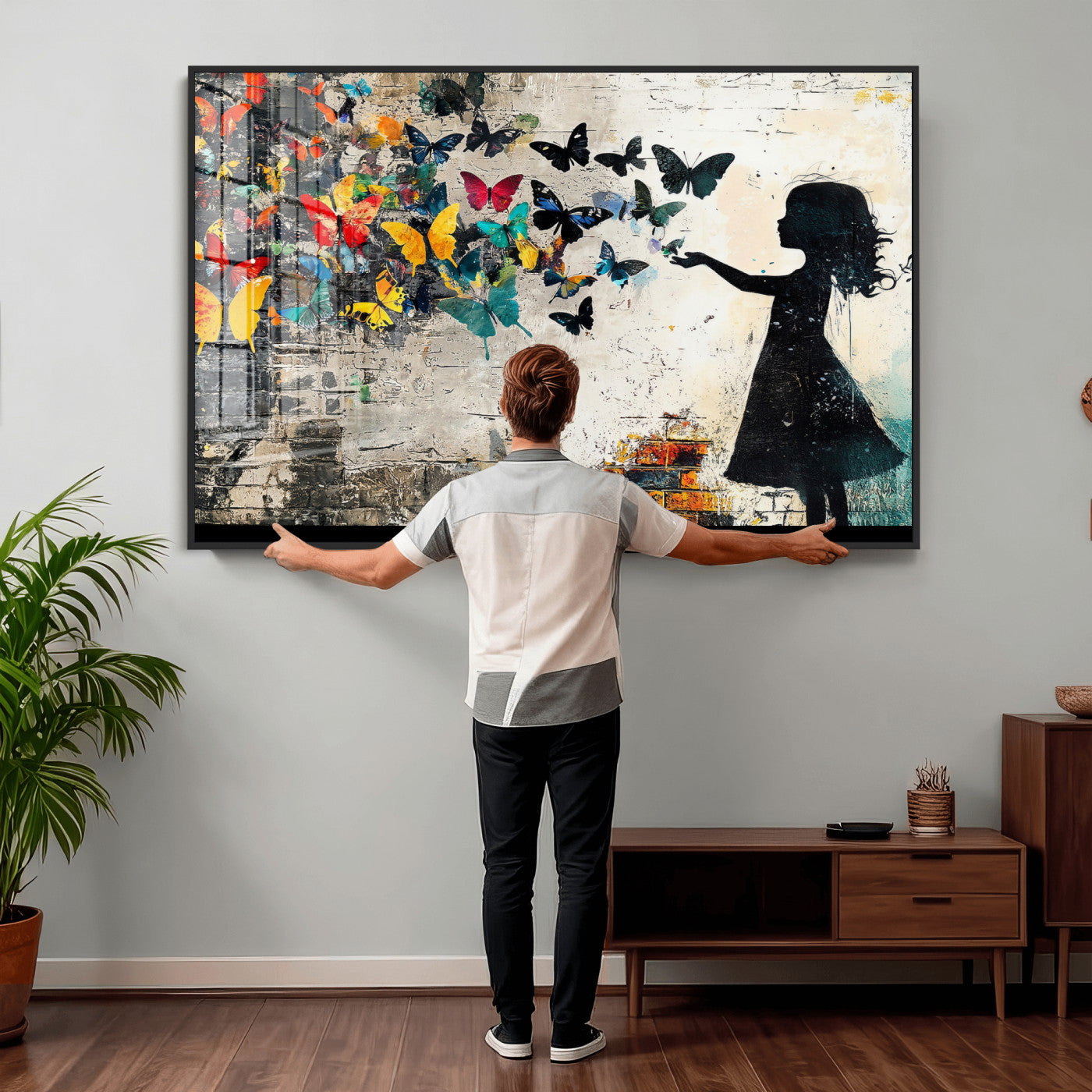 33909022-MGV-CV-36X24 - Banksy Butterfly Girl Wall Art Canvas Print, Framed Street Art Silhouette Graffiti Artwork, Colorful Butterfly Wall Decor for Living Room Bedroom Office