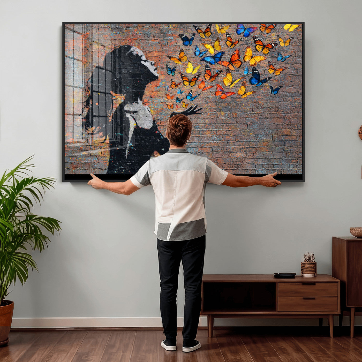 10555939-MGV-CV-36X24 - Urban Banksy Butterfly Girl Wall Art Canvas Print, Framed Street Art Canvas Print, Graffiti Silhouette Butterfly Wall Art for Living Room Bedroom Office