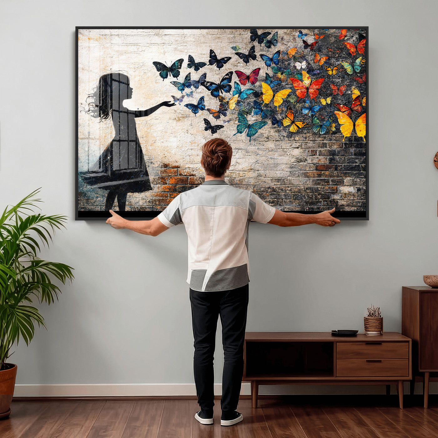 70522594-MGV-CV-36X24 - Banksy Butterfly Girl Wall Art Canvas Print, Framed Street Art Canvas Print, Graffiti Silhouette Butterfly Wall Art for Living Room Bedroom Office