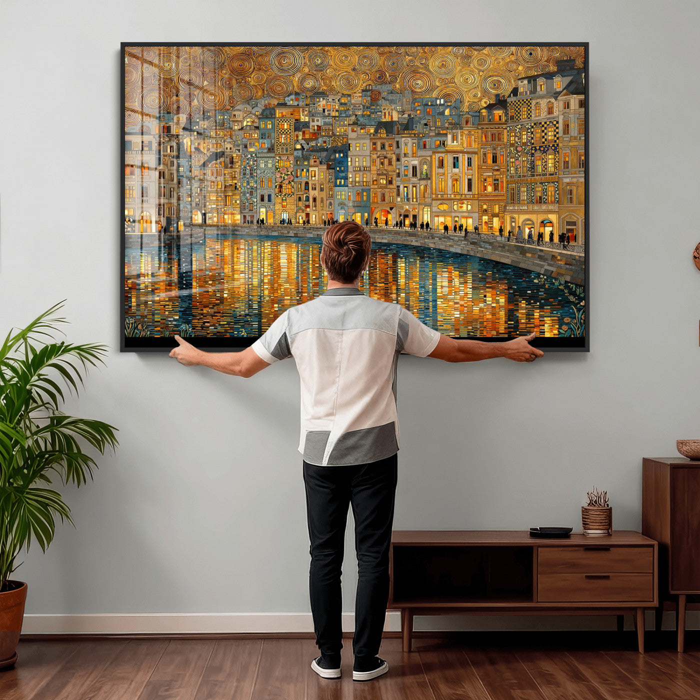 94022787-MGV-CV-36X24 - Gustav Klimt Golden Cityscape Wall Art Canvas Print, Framed River Town Landscape Artwork, Ornate Architecture Wall Decor for Living Room Bedroom Office