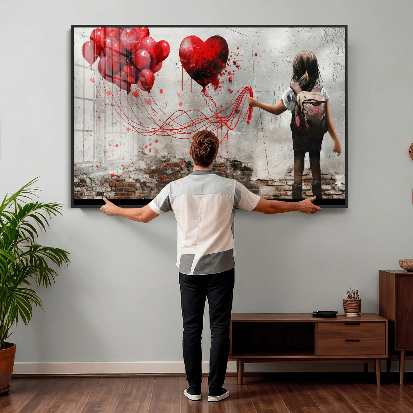 2162830T-MGV-CV-36X24 - Girl Graffiti Wall Art Canvas Print, Red Balloon Heart Street Art, Urban Love Artwork for Living Room Bedroom Hallway Office, Modern Abstract Canvas Wall Decor Home Decor