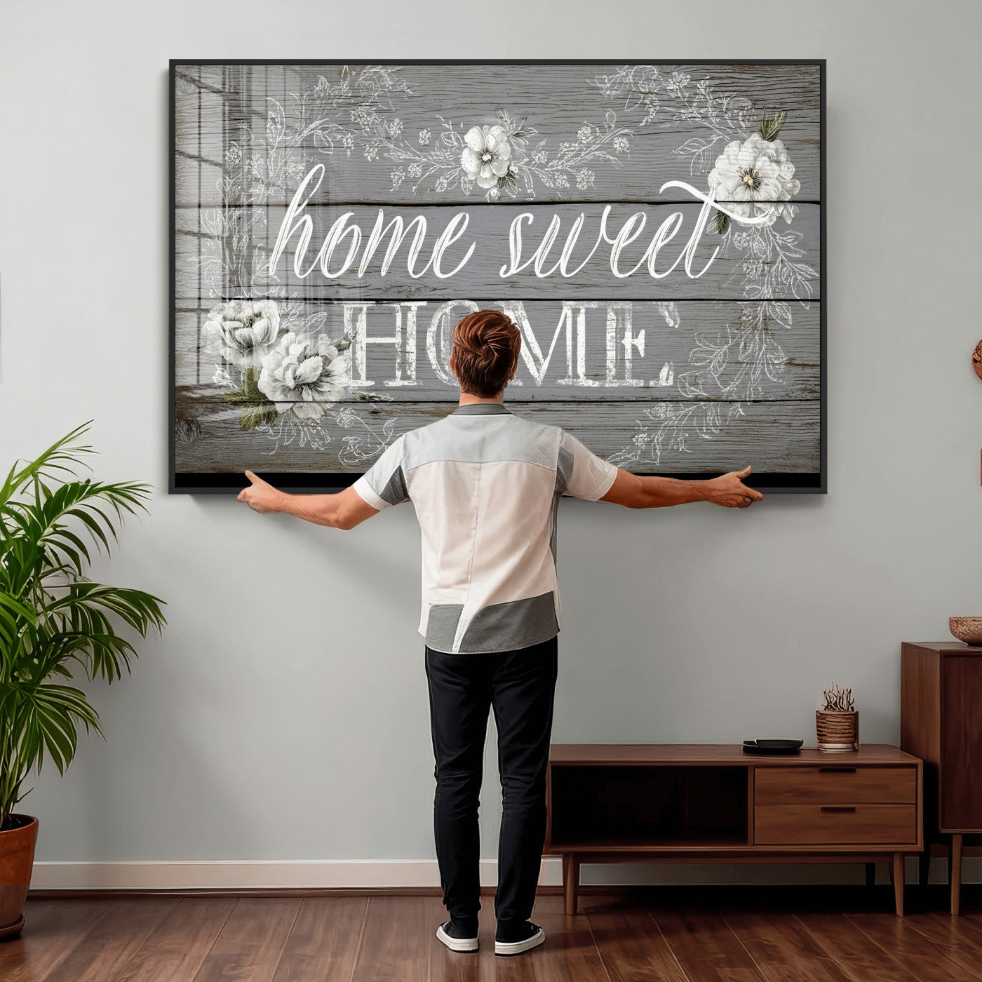 42160089-MGV-CV-36X24 - Home Sweet Home Sign Wall Art Canvas Print, Floral Farmhouse Sign, Rustic Neutral Entryway Bedroom Living Room Decor