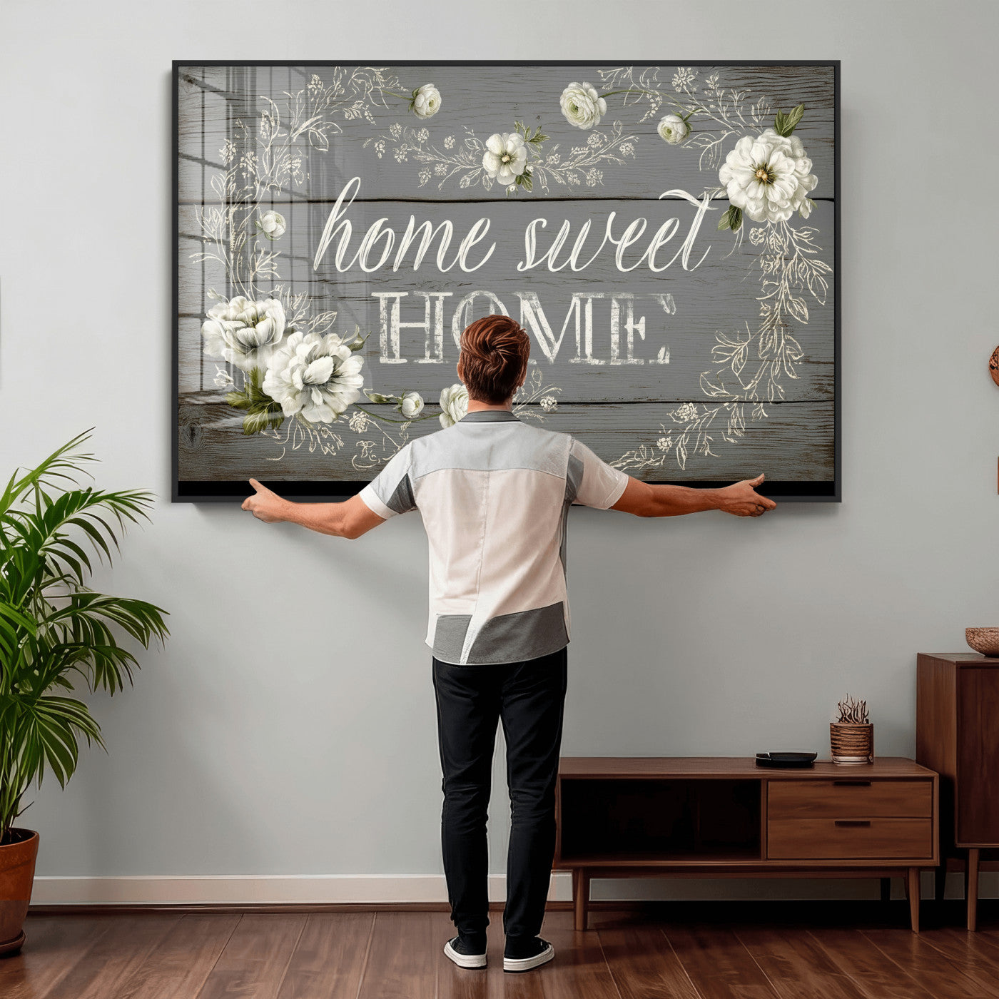 32056075-MGV-CV-36X24 - Home Sweet Home Wall Art Canvas Print, Floral Farmhouse Sign, Rustic Neutral Entryway Bedroom Living Room Decor