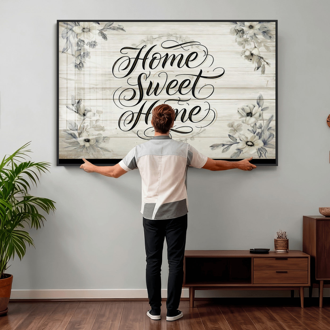 11120405-MGV-CV-36X24 - Home Sweet Home Wall Art Canvas Print, Floral Farmhouse Sign, Rustic Neutral Entryway Bedroom Living Room Decor
