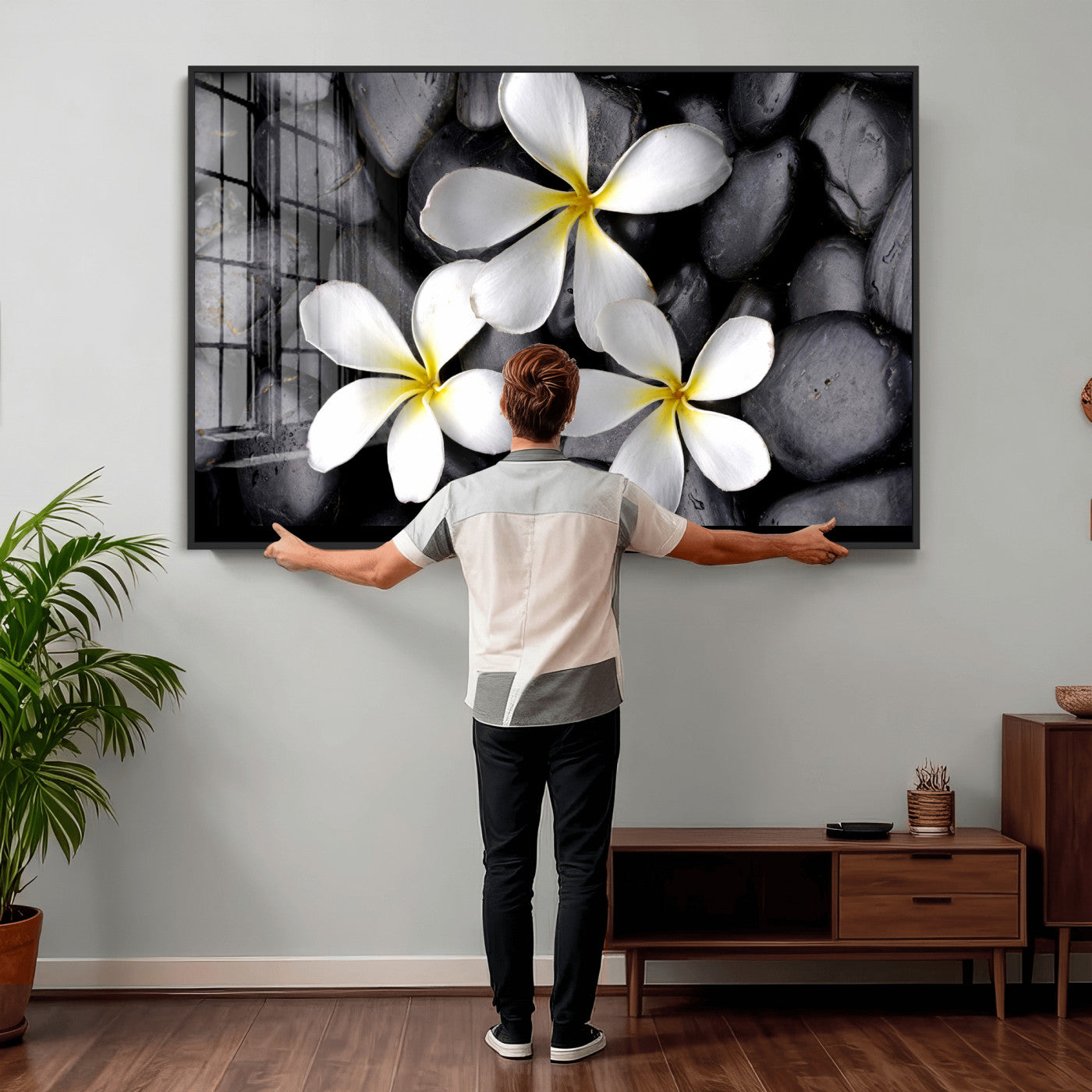 43639613-MGV-CV-36X24 - Plumeria Frangipani Black Stone Canvas | White Flower Spa Photography Print | Tropical Zen Wall Art | Grey Pebble Floral Decor