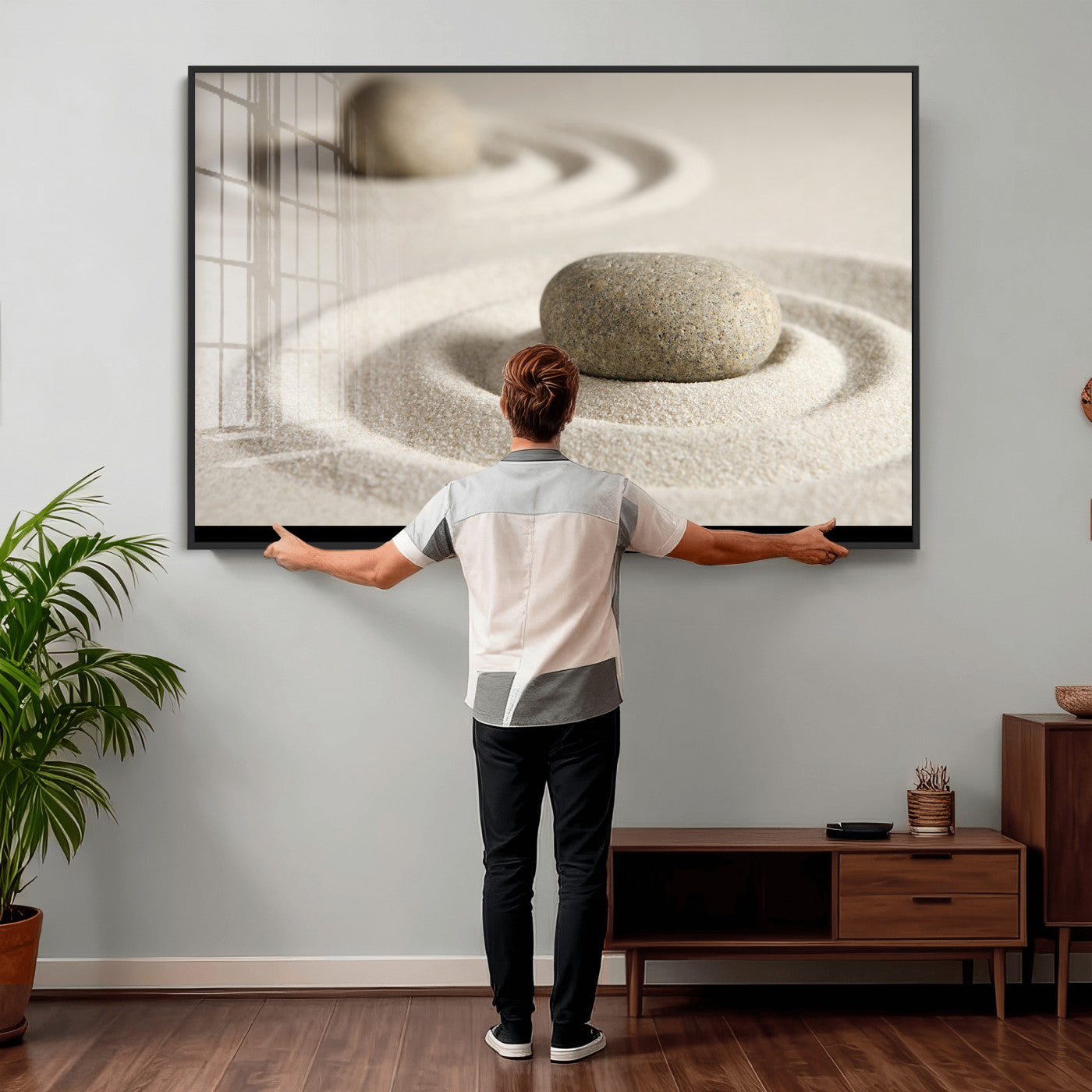 13397966-MGV-CV-36X24 - Zen Garden Stone Sand Canvas | Japanese Rock Garden Wall Art | Minimalist Meditation Print | Neutral Beige Mindfulness Decor