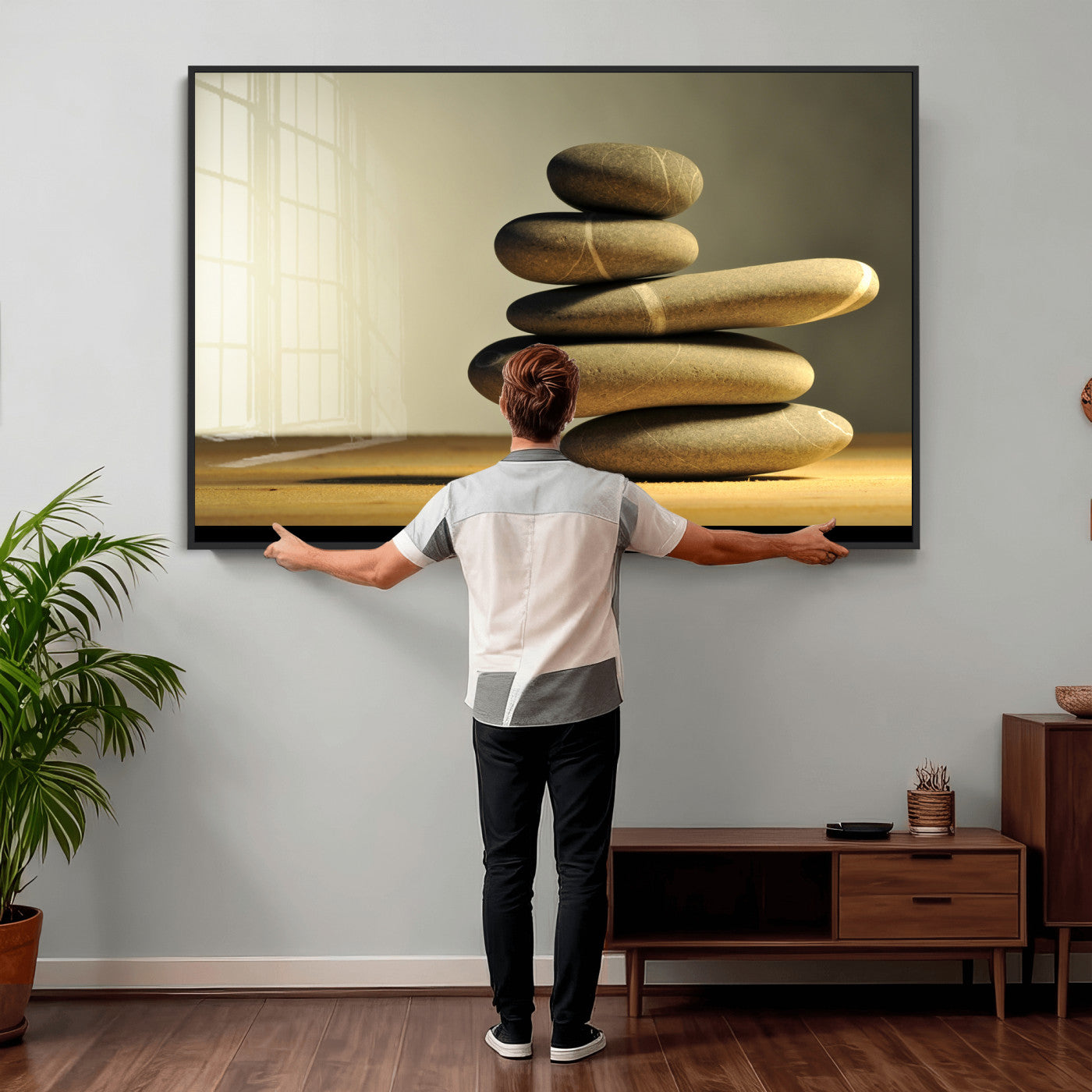 85424263-MGV-CV-36X24 - Zen Stone Wall Art Canvas Print, Balanced Rock Stack Framed Spa Artwork, Minimalist Meditation Decor for Living Room Bedroom Office Bathroom