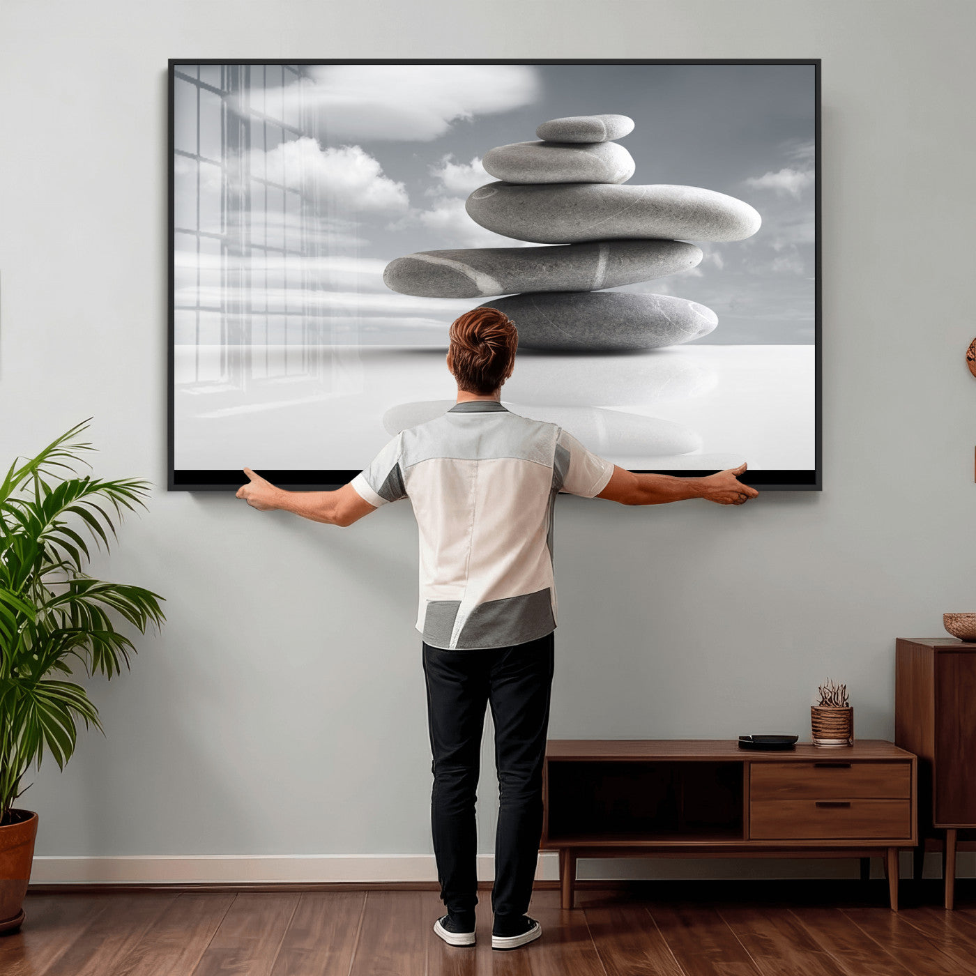 86426188-MGV-CV-36X24 - Zen Stone Wall Art Canvas Print, Balanced Rock Stack Framed Spa Artwork, Minimalist Meditation Decor for Living Room Bedroom Office Bathroom