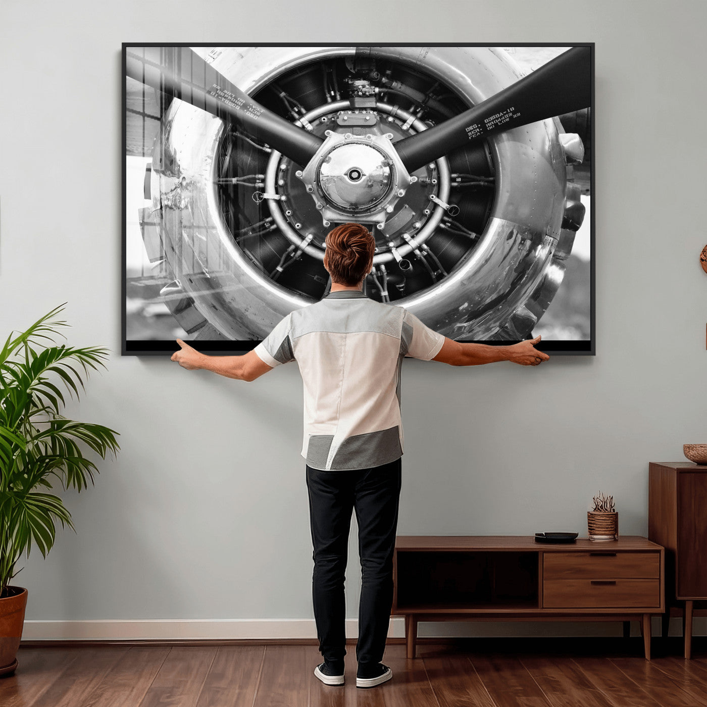 73322230-MGV-CV-36X24 - Vintage Propeller Plane Wall Art Canvas Print, Black and White Airplane Engine Close Up Framed Aviation Artwork for Pilot Office Hangar Decor