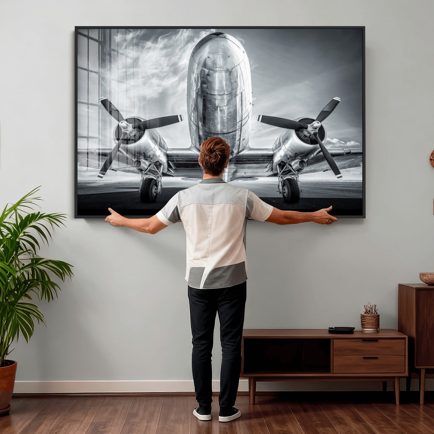 59729636-MGV-CV-36X24 - Vintage Propeller Plane Wall Art Canvas Print, Black and White Airplane Engine Close Up Framed Aviation Artwork for Pilot Office Hangar Decor