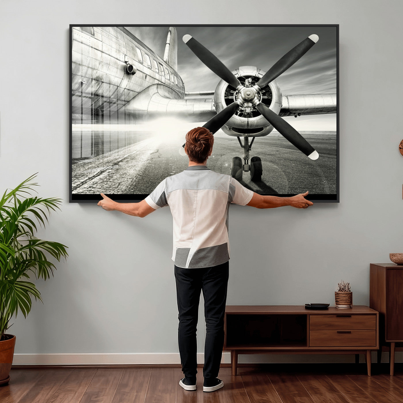 16420255-MGV-CV-36X24 - Vintage Airplane Wall Art Canvas Print, Black and White Propeller Aircraft Framed Aviation Artwork for Pilot Office Hangar Living Room Decor