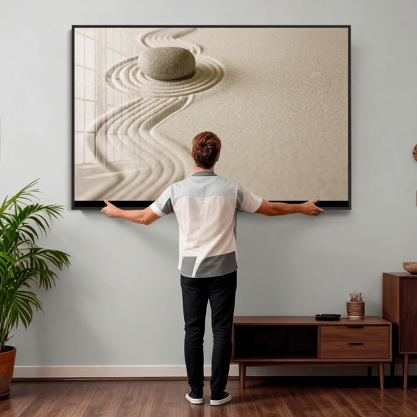 66852661-MGV-CV-36X24 - Zen Garden Stone Sand Canvas | Japanese Rock Garden Wall Art | Minimalist Meditation Print | Neutral Beige Mindfulness Decor