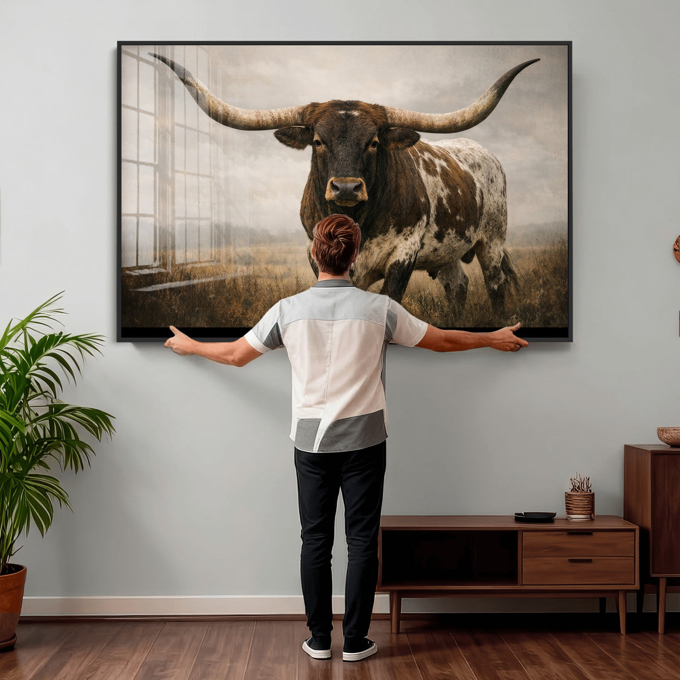 17622011L-MGV-CV-36X24 - Longhorn Bull Wall Art Canvas Print, Western Farmhouse Cowboy Decor, Rustic Texas Ranch Cattle Artwork for Living Room Bedroom Office, Framed Wall Decor