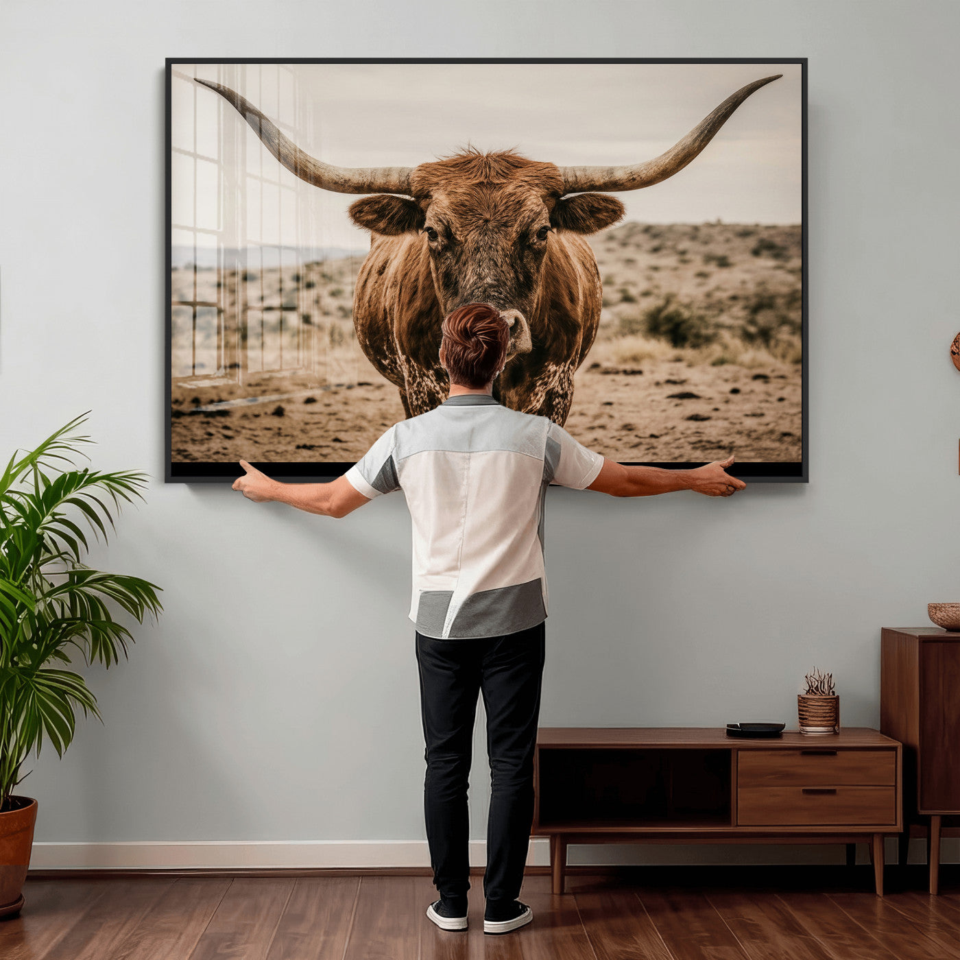 17622011K-MGV-CV-36X24 - Texas Longhorn Bull Wall Art Canvas Print, Western Farmhouse Cowboy Decor, Rustic Texas Ranch Cattle Artwork for Living Room Bedroom Office, Framed Wall Decor