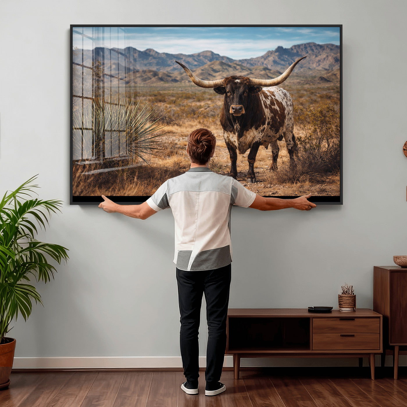 17622011S-MGV-CV-36X24 - Texas Longhorn Bull Wall Art Canvas Print, Western Farmhouse Cowboy Decor, Rustic Texas Ranch Cattle Artwork for Living Room Bedroom Office, Framed Wall Decor