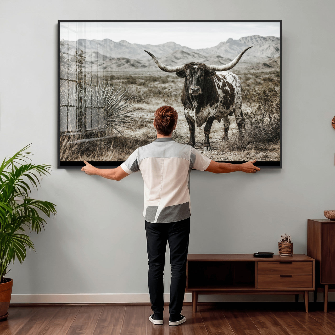 17622011H-MGV-CV-36X24 - Texas Longhorn Bull Wall Art Canvas Print, Western Farmhouse Cowboy Decor, Rustic Texas Ranch Cattle Artwork for Living Room Bedroom Office, Framed Wall Decor