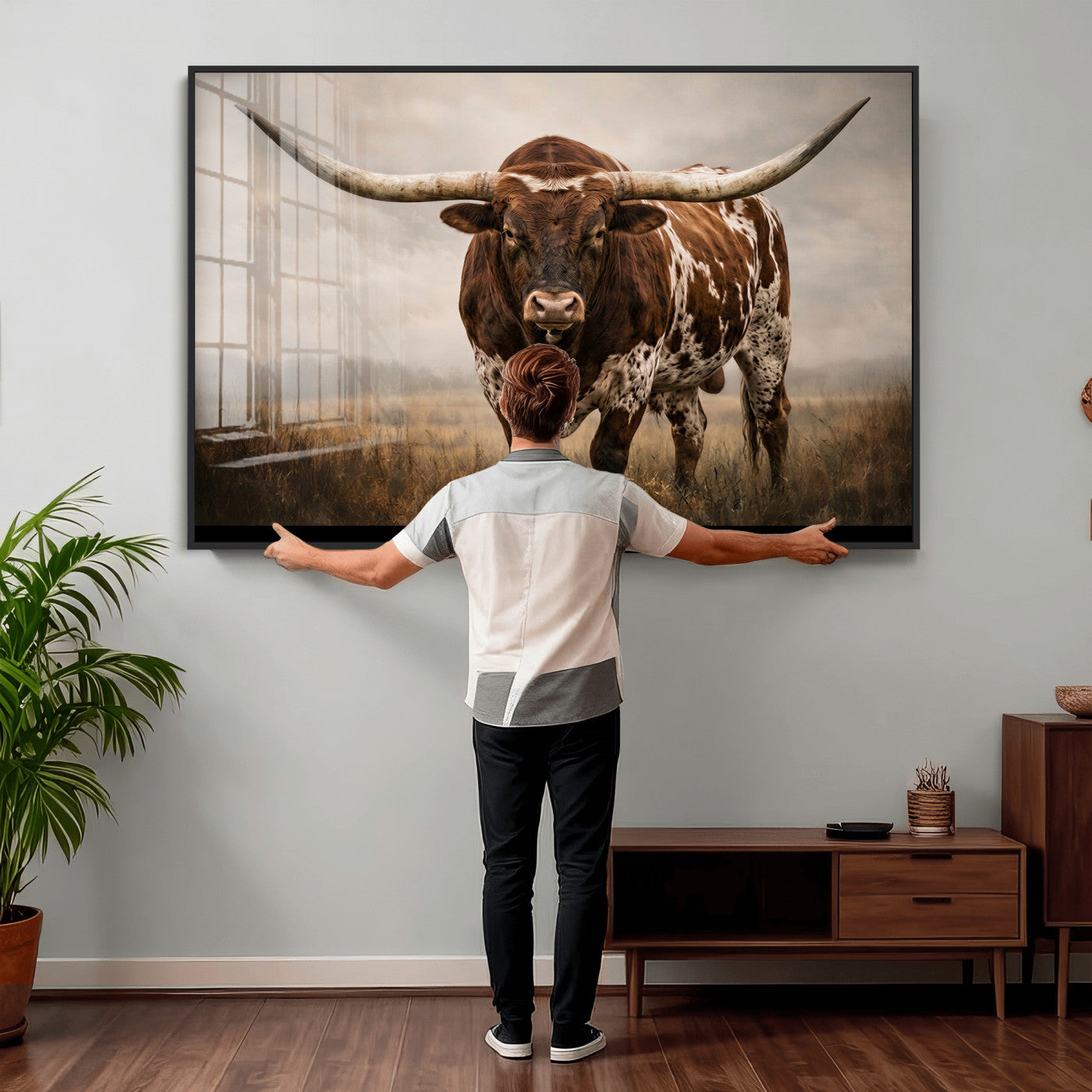 25239047-MGV-CV-36X24 - Texas Longhorn Canvas Wall Art Western Bull Desert Moody Grey Overcast Rustic Farmhouse Framed Large for Living Room Bedroom Office Decor