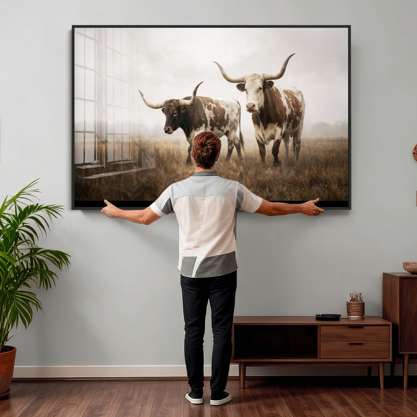 92881702-MGV-CV-36X24 - Texas Longhorn Canvas Wall Art Western Bull Desert Moody Grey Overcast Rustic Farmhouse Framed Large for Living Room Bedroom Office Decor