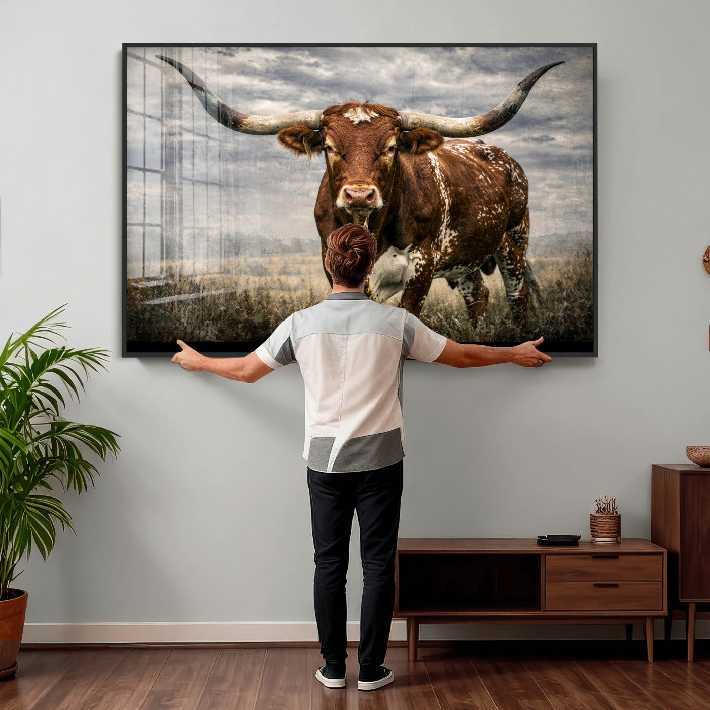 14372769-MGV-CV-36X24 - Texas Longhorn Canvas Wall Art Western Bull Desert Moody Grey Overcast Rustic Farmhouse Framed Large for Living Room Bedroom Office Decor