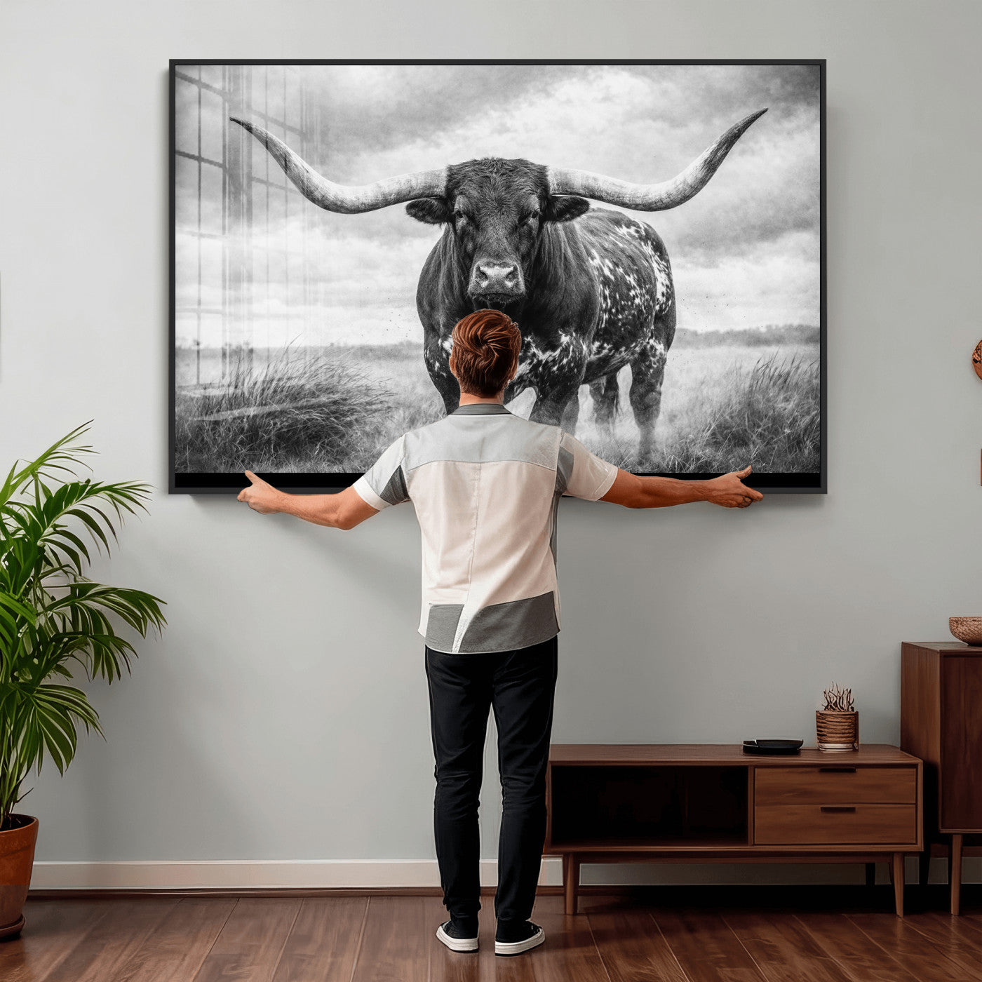 19951238-MGV-CV-36X24 - Texas Longhorn Canvas Wall Art Western Bull Desert Moody Grey Overcast Rustic Farmhouse Framed Large for Living Room Bedroom Office Decor