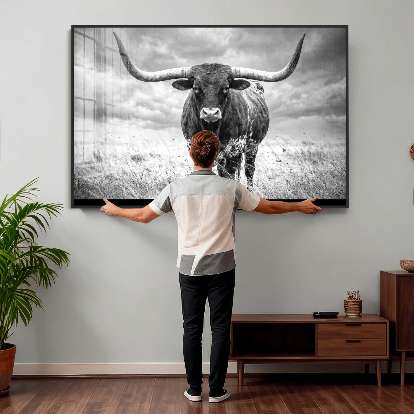 63336115-MGV-CV-36X24 - Texas Longhorn Canvas Wall Art Western Bull Desert Moody Grey Overcast Rustic Farmhouse Framed Large for Living Room Bedroom Office Decor