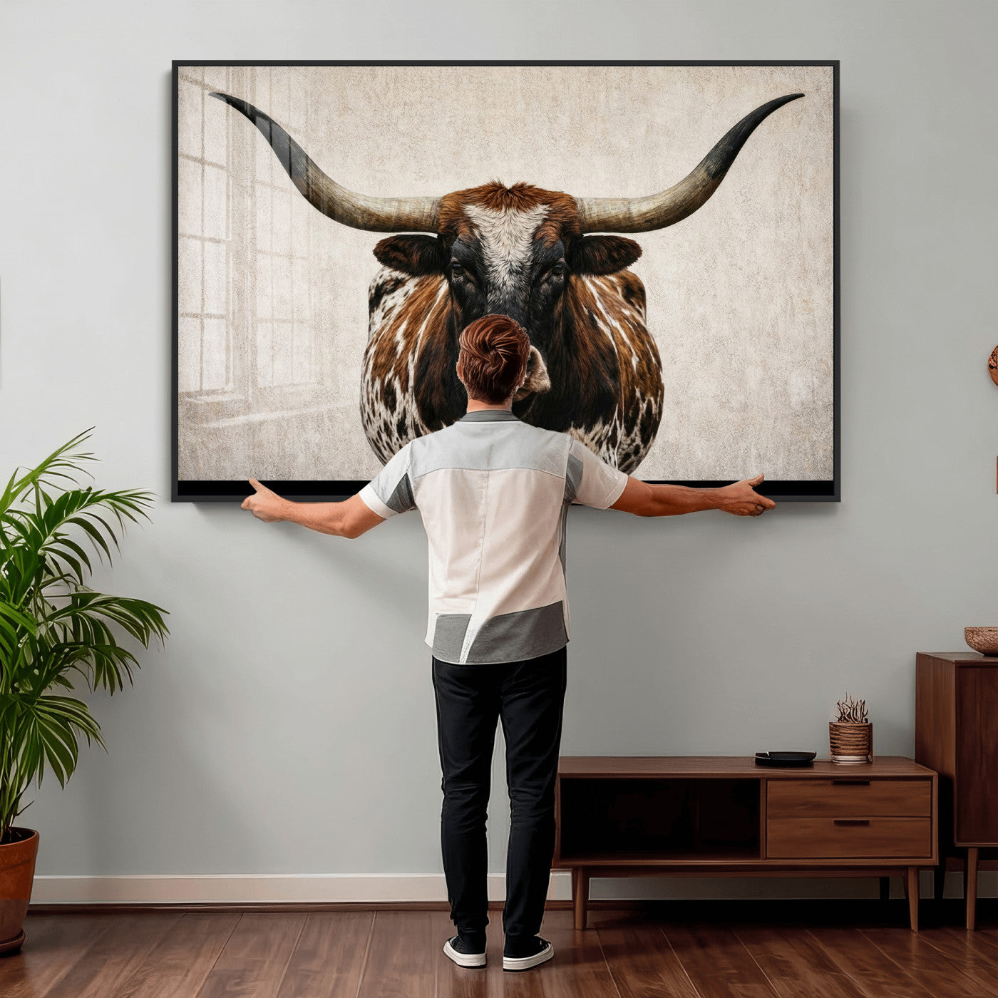 58622065-MGV-CV-36X24 - Texas Longhorn Canvas Wall Art Western Bull Desert Moody Grey Overcast Rustic Farmhouse Framed Large for Living Room Bedroom Office Decor