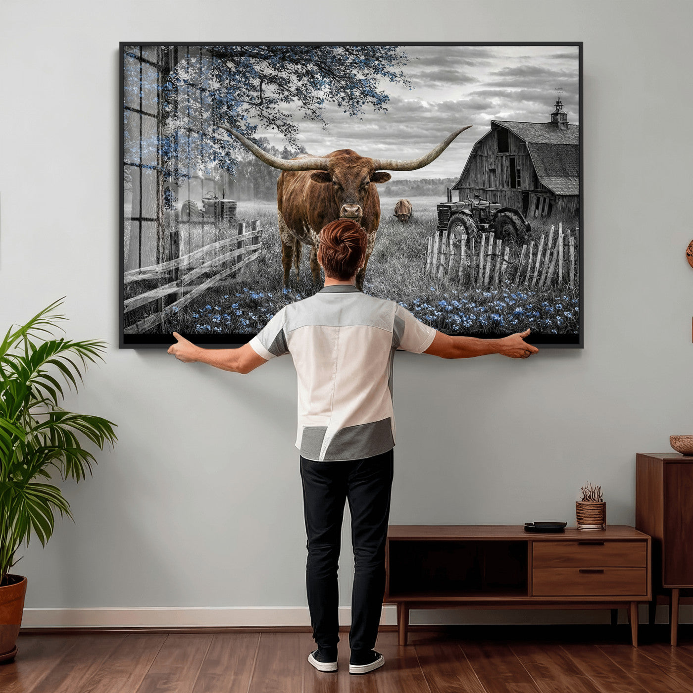 19366343-MGV-CV-36X24 - Texas Longhorn Canvas Wall Art, Rustic Farm Barn Bluebonnet Photography Print, Farmhouse Country Decor, Western Ranch Art, Old Truck Tractor Print