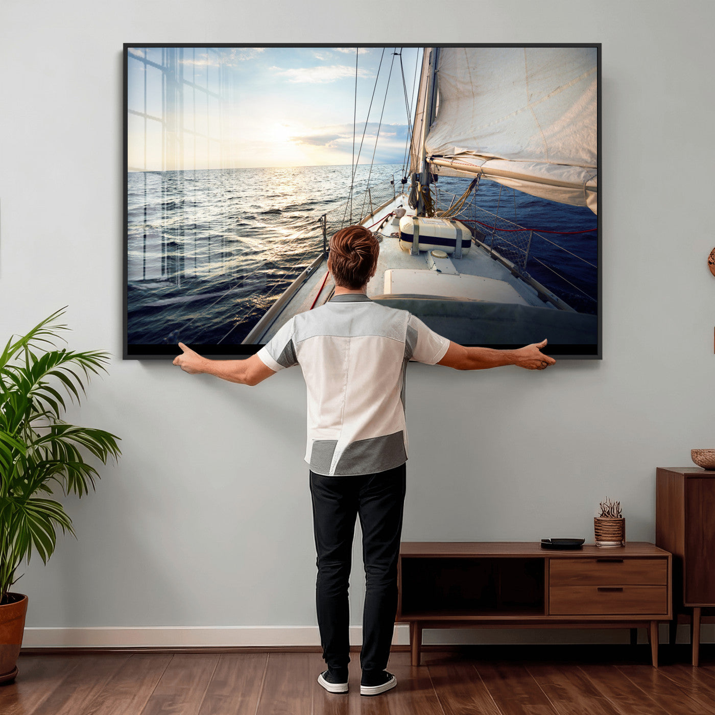 76381335-MGV-CV-36X24 - Sailboat Wall Art Canvas Print, Ocean Sunset Sailing Framed Artwork, Coastal Nautical Seascape Decor for Living Room Office Beach House