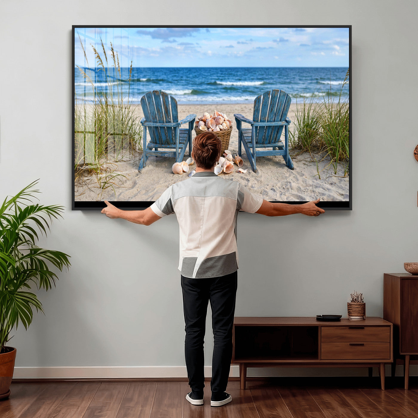 80268829-MGV-CV-36X24 - Large Beach Canvas Wall Art Coastal Adirondack Chairs Ocean Seashells Blue Nautical Framed Large for Living Room Bedroom Bathroom Decor