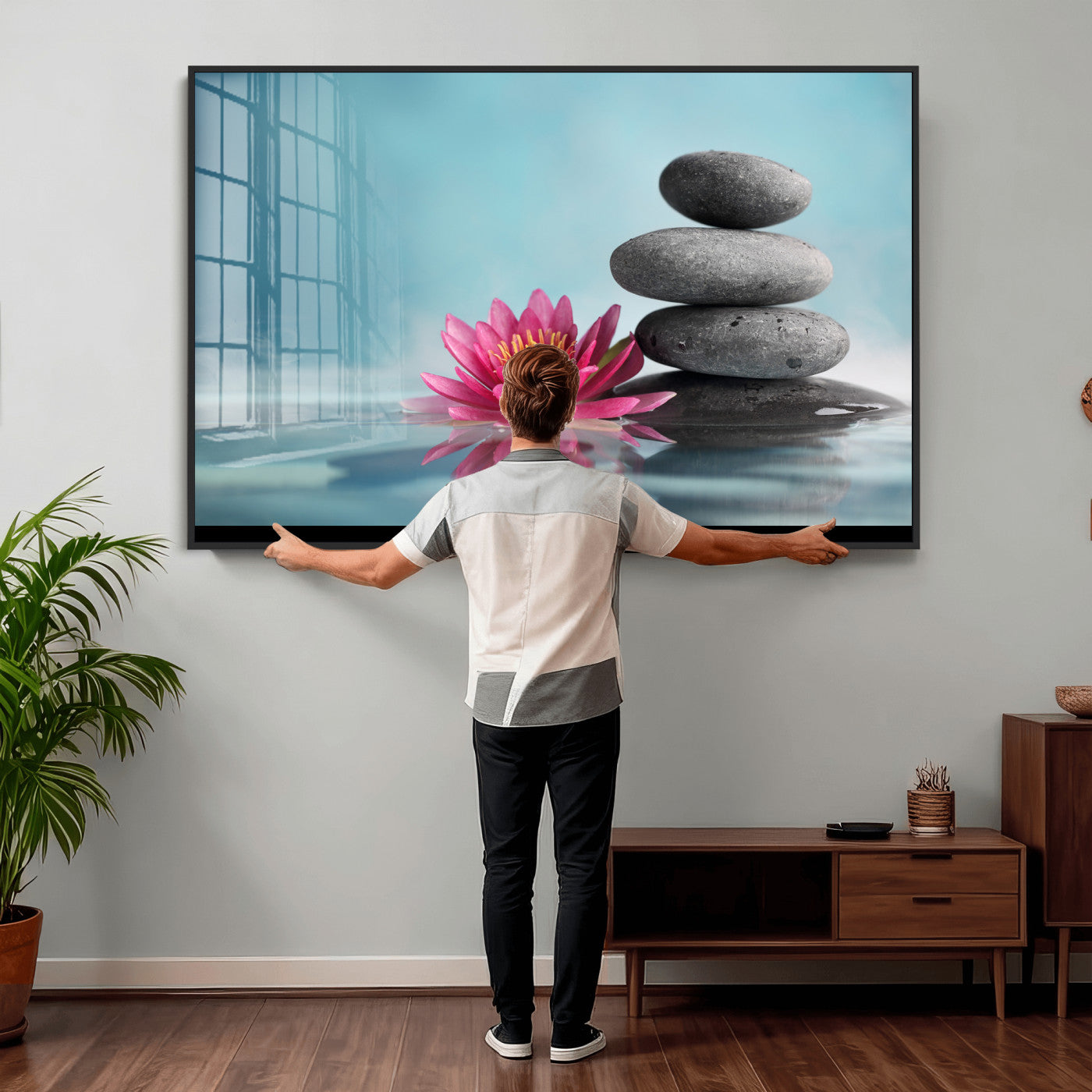 84293154-MGV-CV-36X24 - Zen Canvas Wall Art Lotus Flower Stacked Stones Teal Spa Meditation Relaxation Framed Large for Bathroom Bedroom Living Room Office Decor