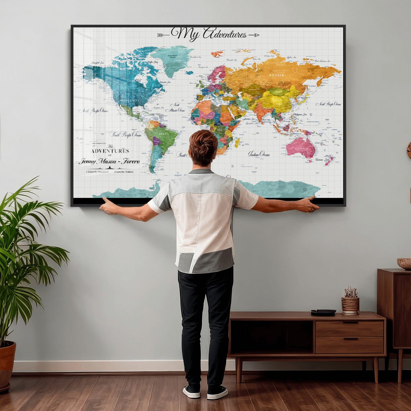 56239817-MGV-CV-36X24 - Custom Push Pin Watercolor World Map Canvas Wall Art Print – Abstract Colorful Travel Wall Decor