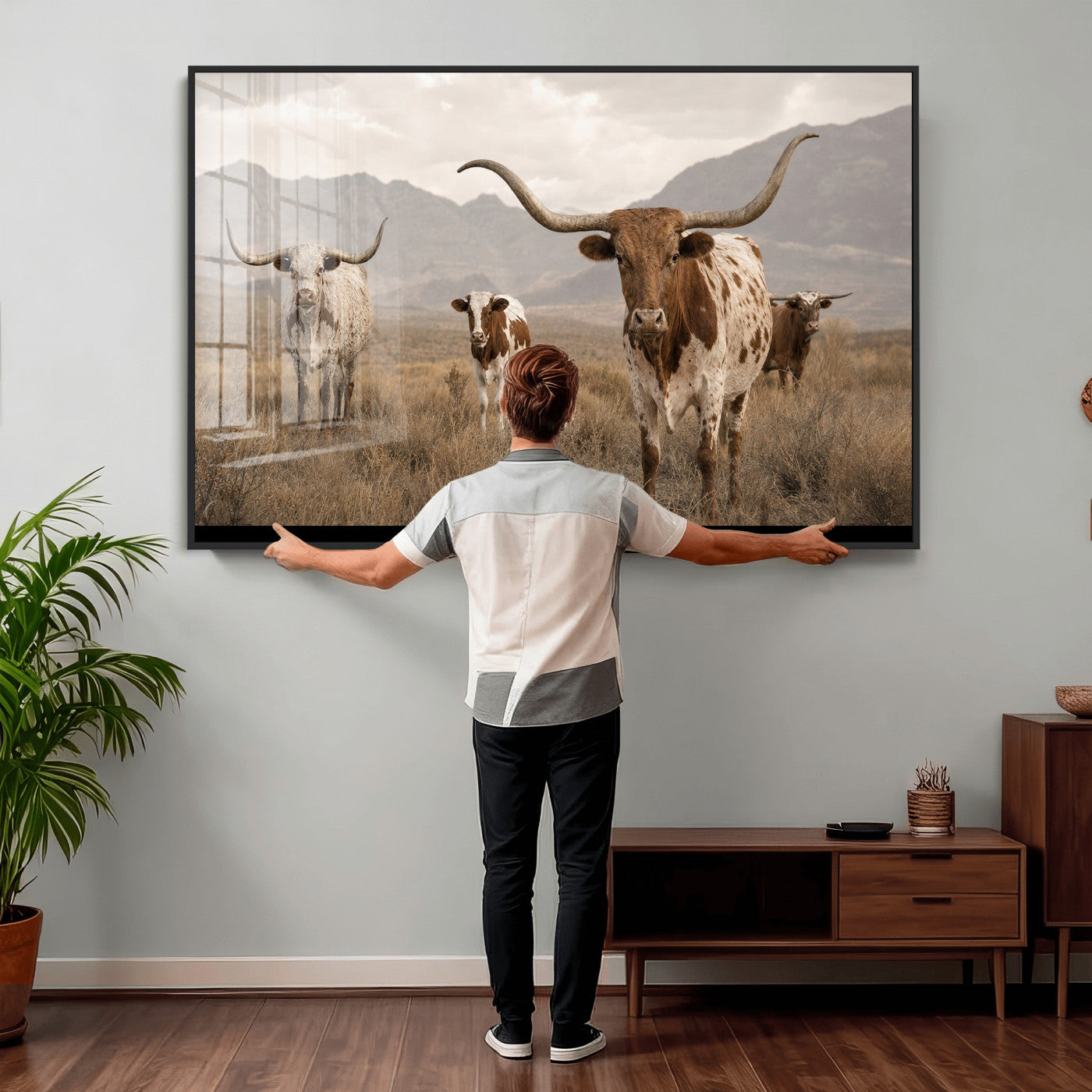 62336425AD-MGV-CV-36X24 - Rustic Texas Longhorn Cow Canvas Wall Art Print, Rustic Farm Animal Photography Print, Farmhouse Country Decor, Western Ranch Art