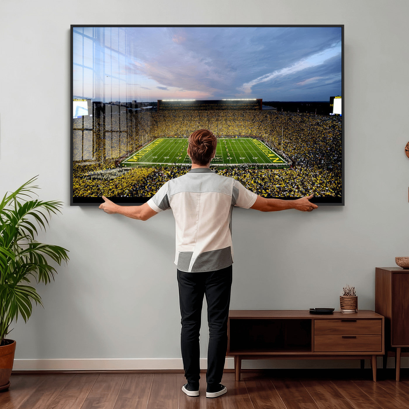 82641-MGV-CV-36X24 - Michigan Stadium Wall Art Canvas Print, Vibrant Game Day Crowd and Sunset Sky Football Field Artwork for Home, Office