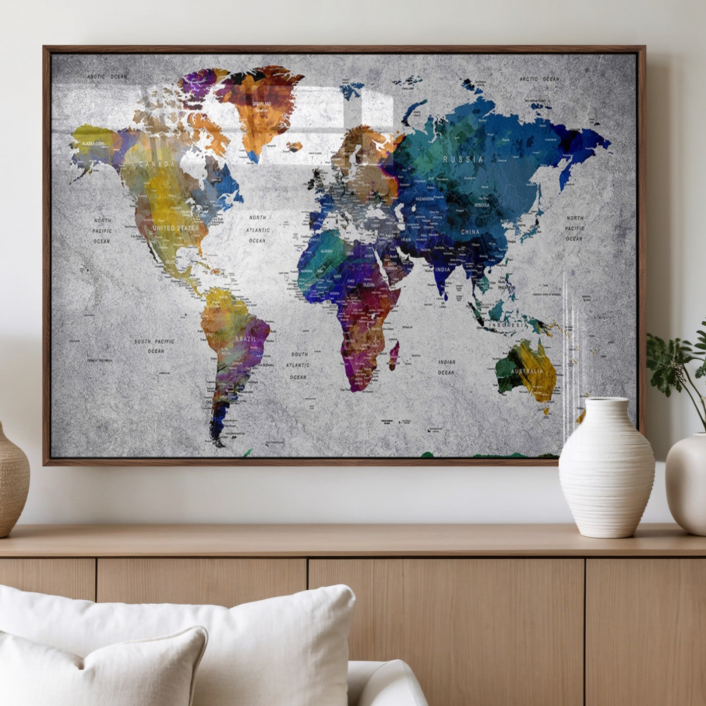 73670-MGV-FP-36X24-3P_Walnut-Push Pin World Map Canvas Print – Travel Tracker Wall Art for Couples, Perfect Anniversary Gift for Home or Office Decor