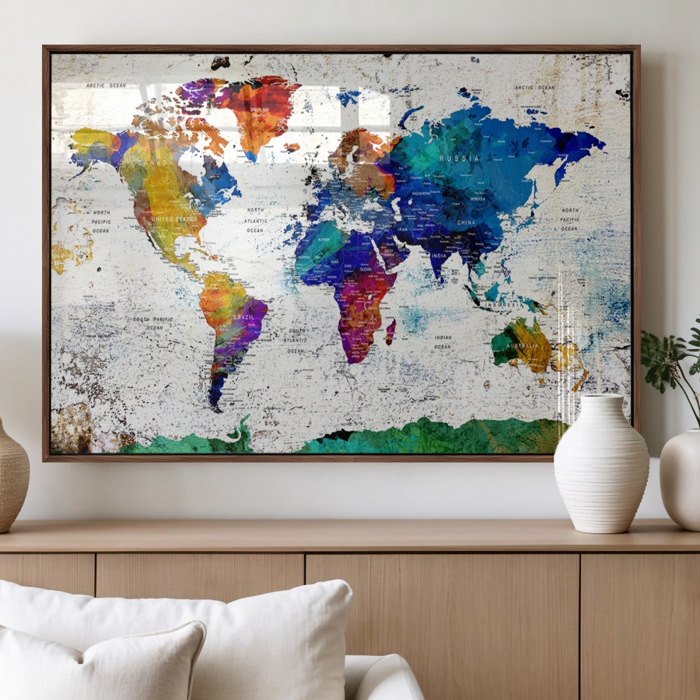 47974-MGV-FP-36X24-3P_Walnut-Push Pin World Map Canvas Print – Travel Tracker Wall Art for Couples, Perfect Anniversary Gift for Home or Office Decor