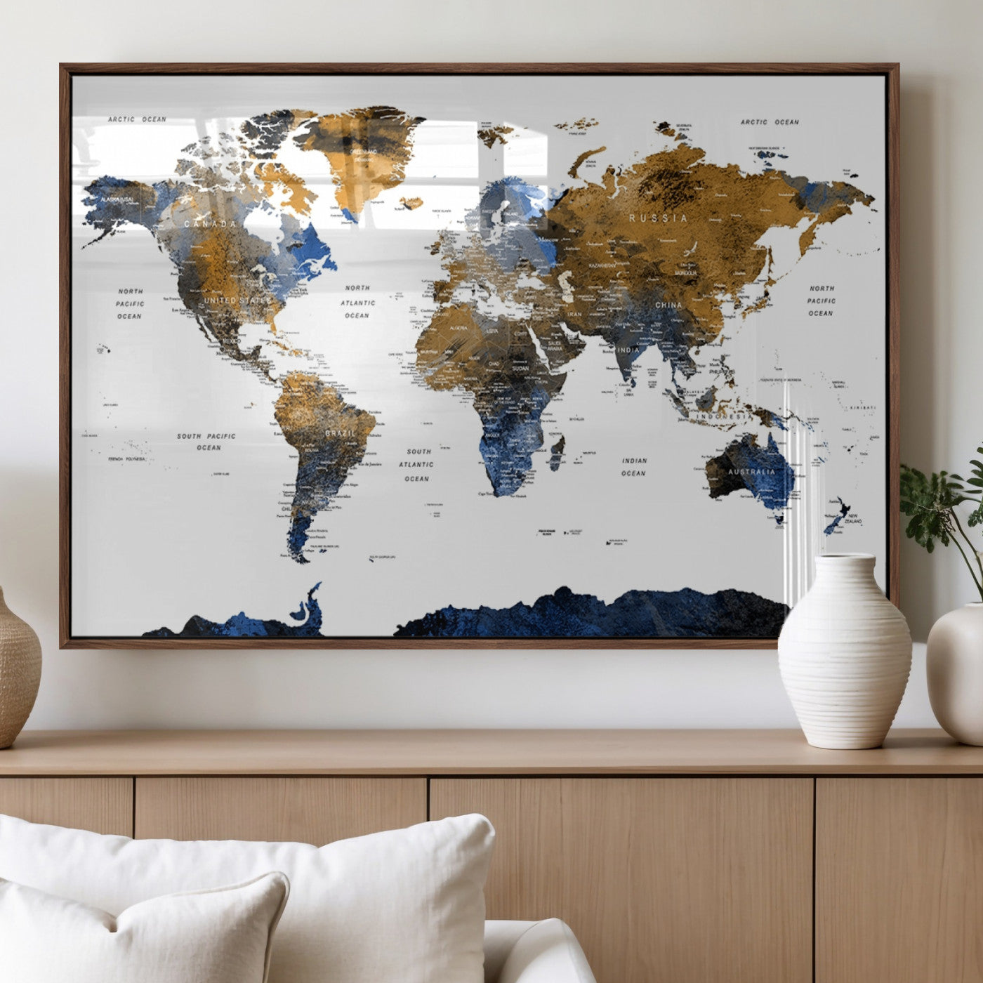 56231-MGV-FP-36X24-3P_Walnut-Navy and Gold World Map Canvas Wall Art – Framed Modern World Map Print, Elegant Travel Inspired Artwork for Home and Office Decor