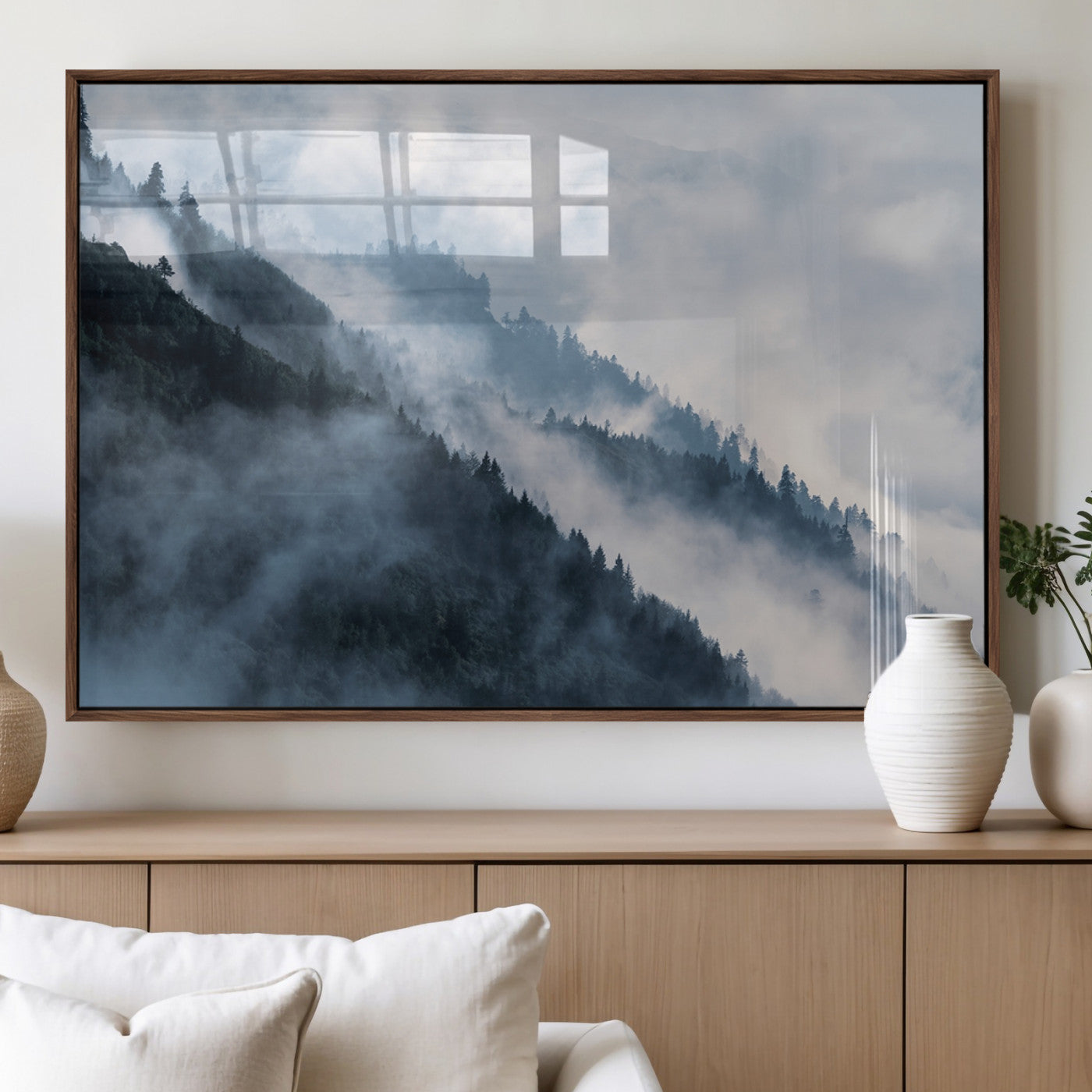 85737-MGV-FP-36X24-3P_Walnut-Foggy Forest Wall Art Canvas Print – Misty Mountain Landscape Decor – Ready to Hang Nature-Inspired