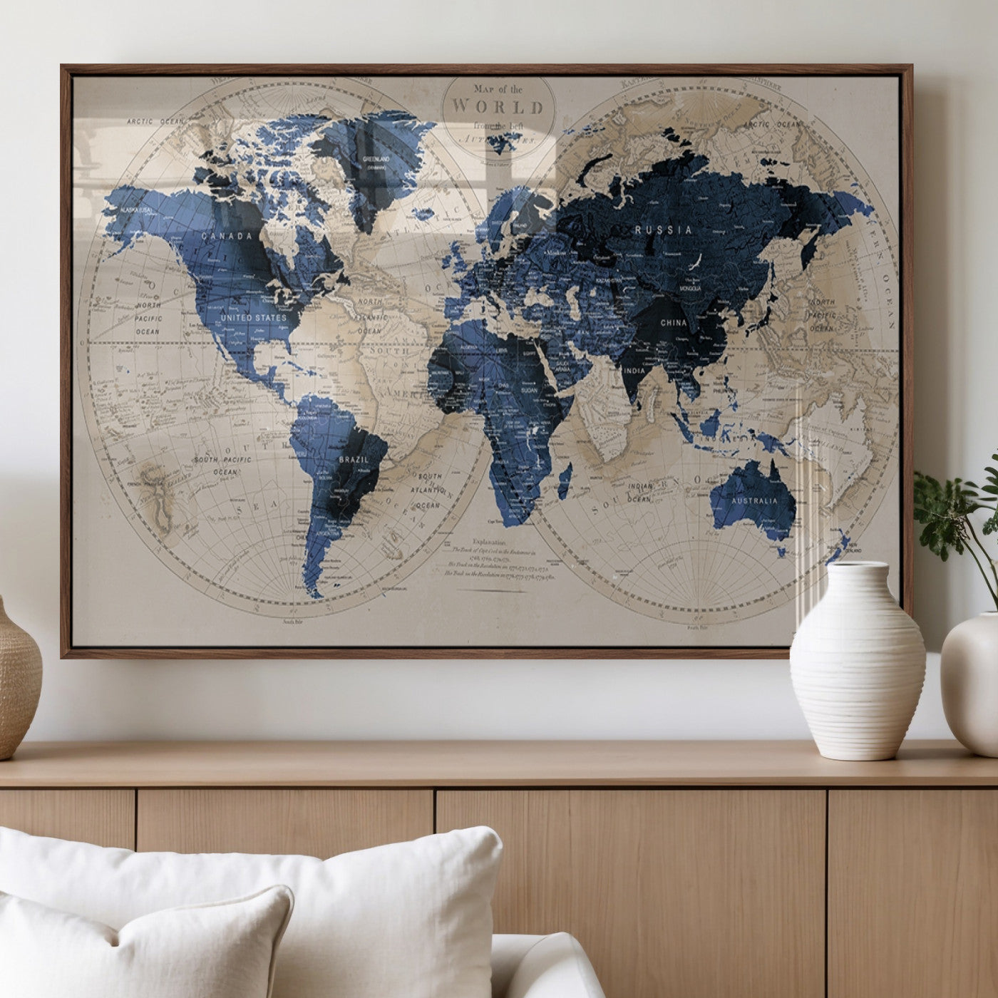 67444-MGV-FP-36X24-3P_Walnut-Vintage Blue World Map Canvas Wall Art – Antique Style Framed Map Print, Elegant Travel Decor for Home Office or Study