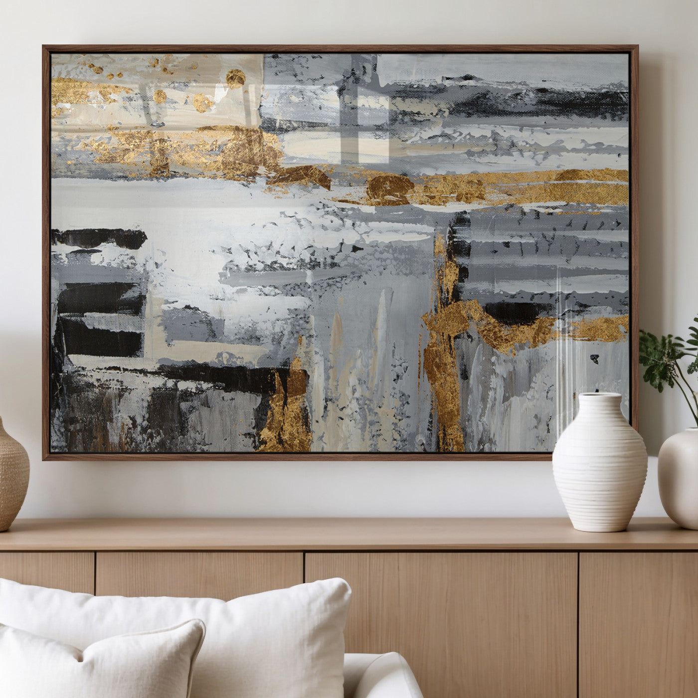 43177-MGV-FP-60X30-3P_Walnut-Abstract Painting Canvas Wall Art Print Paint Drip Art Brush Strokes Gray Artwork