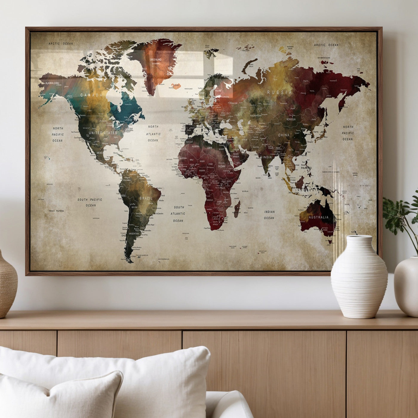 63870-MGV-FP-36X24-3P_Walnut-World Map Wall Art Canvas Print, Framed Push Pin Map Art Picture Print, Abstract Traveller Map Perfect Modern Decor Artwork for Living Room or Office Decor