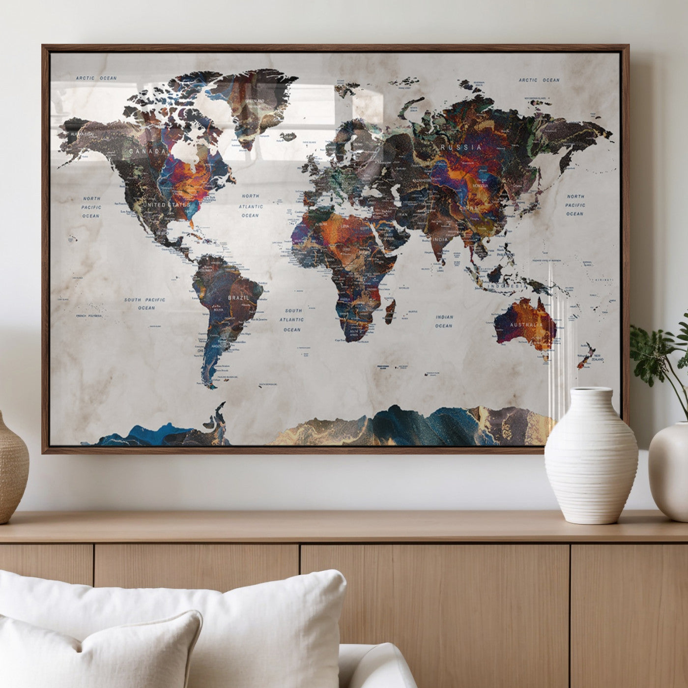 90881-MGV-FP-36X24-3P_Walnut-Push Pin World Map Canvas Print – Travel Tracker Wall Art for Couples, Perfect Anniversary Gift for Home or Office Decor