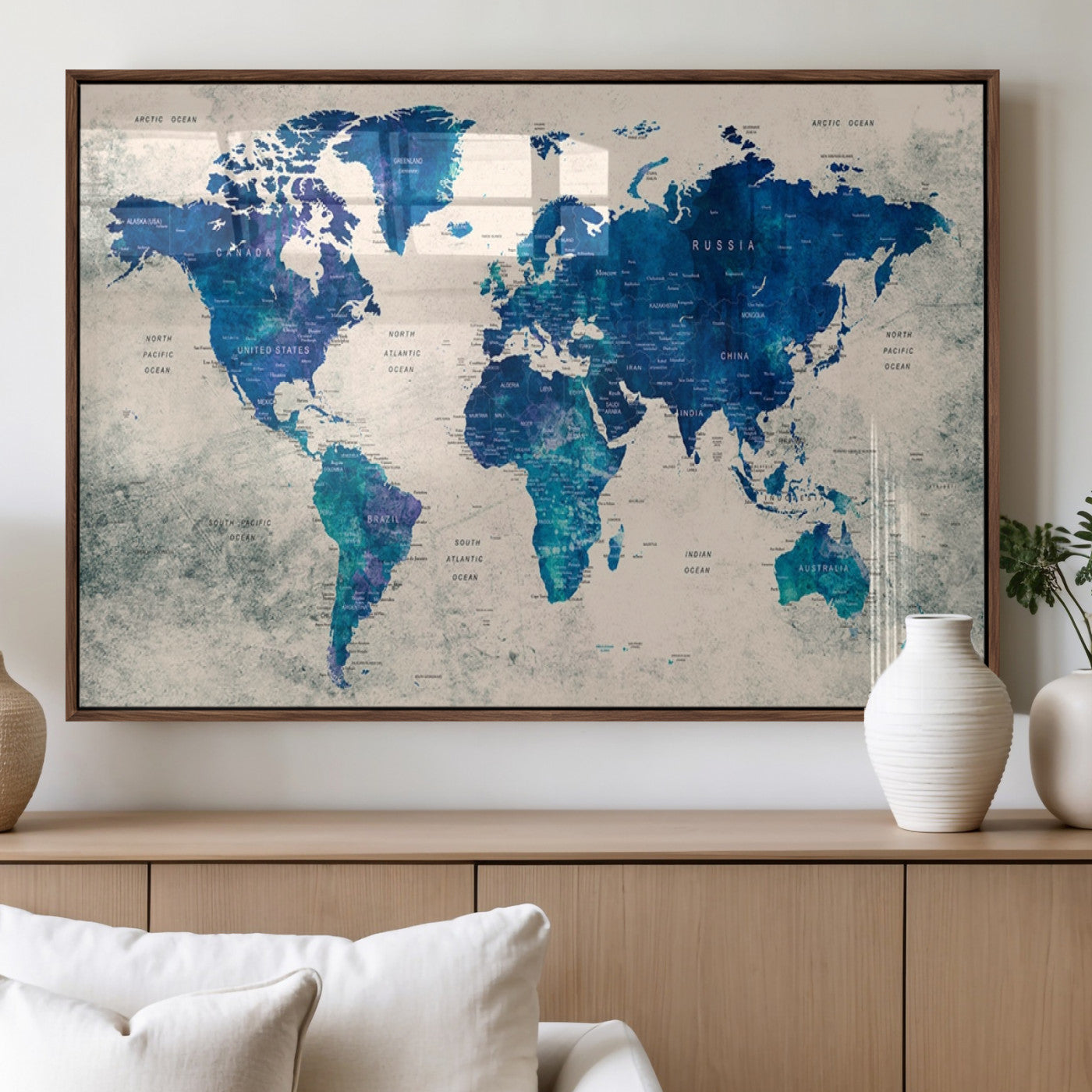 43947-MGV-FP-36X24-3P_Walnut-Blue Watercolor World Map Canvas Print – Framed Modern Wall Art, Elegant Push Pin Travel Map Decor for Home Office or Living Room
